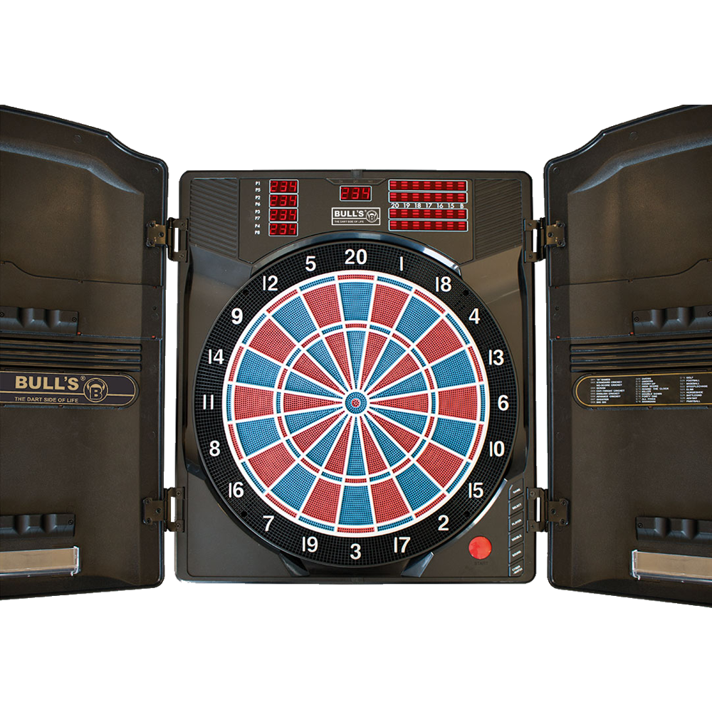 Das Bild zeigt das Bulls Masterscore RB Elektronik Dartboard mit geöffneten Türen. Das Dartboard hat ein digitales Display und farbige Segmente in Blau, Rot und Weiß.